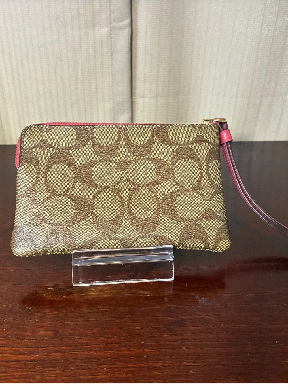 Coach Brown Signature Canvas Wristlet with Pink Heart Patch